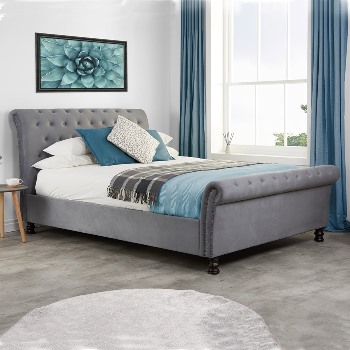 Opulence grey velvet fabric bed